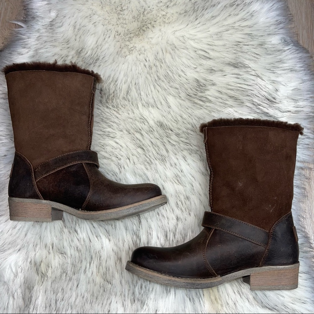 Luxe De Leon Double Women’s Size 7 Buckle Distress Boot Fur Lined Brown Western